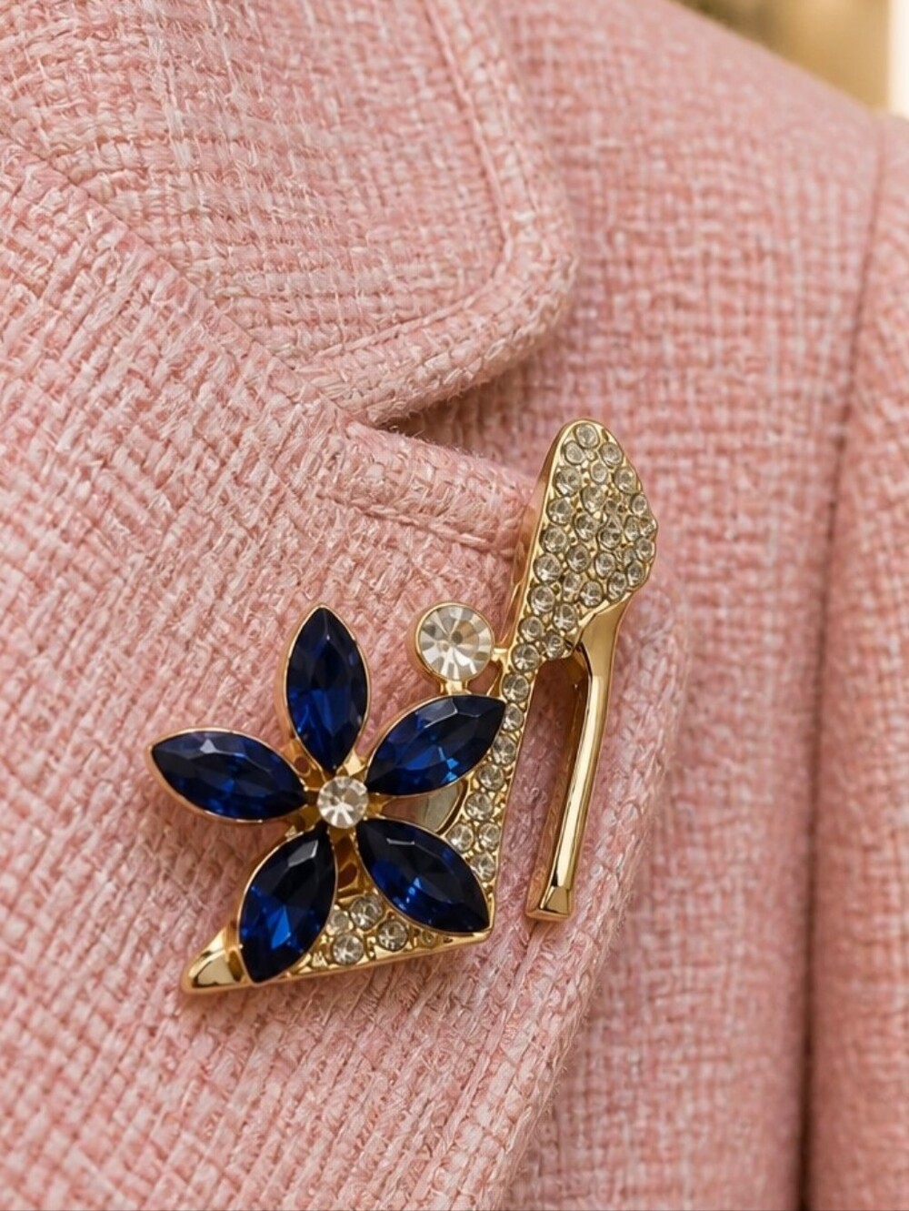 High Heel Shoe Brooch Gold Blue Crystal Flower Rhinestone Stiletto Fashion Pin